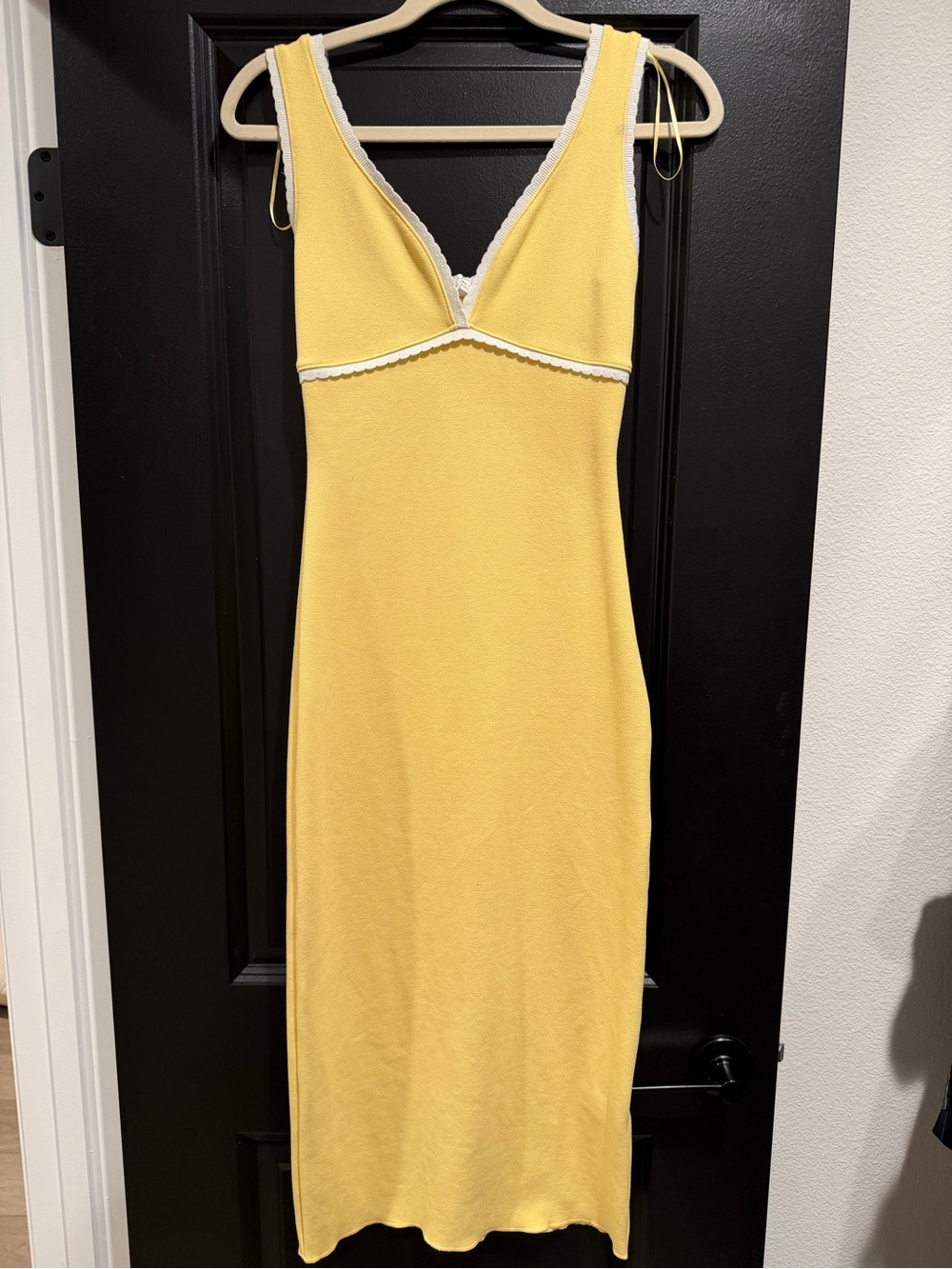 Zara Yellow V-Neck Midi Slip Dress with White Trim